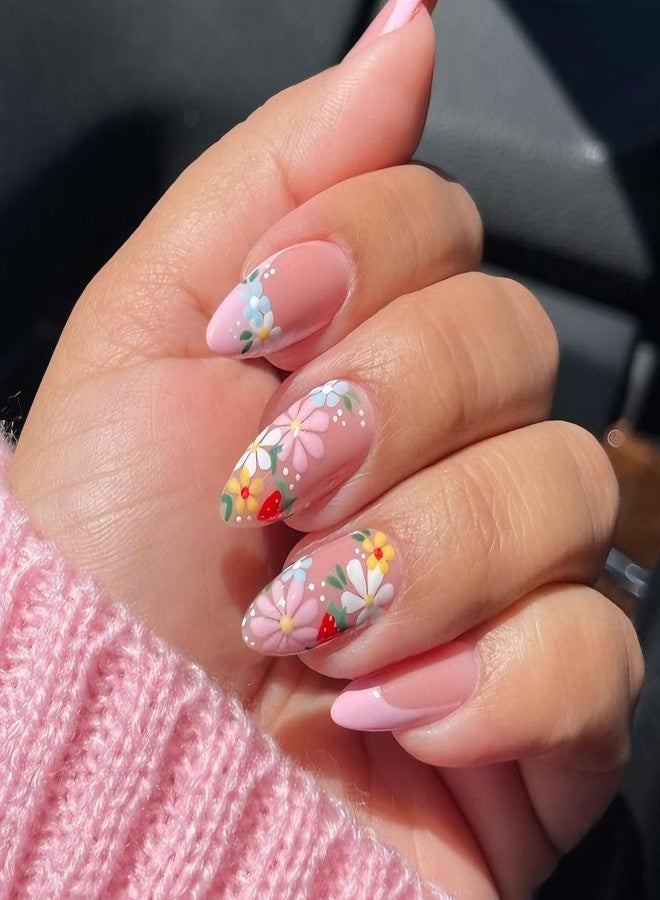 SEMATA Pink French Press on Nails Almond Medium Nude Spring Summer Acrylic False Fake Nails Press ons Flower with Floral Design Fake Nail 24Pcs Reusable Stick on Nail for Women - Image 2